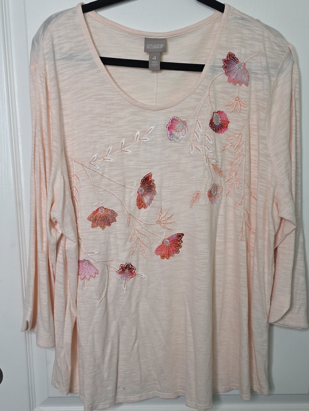 Chico's Plus Size 4 20 Floral 3/4 Sleeve Embroidery Peach Fall Top Nwt